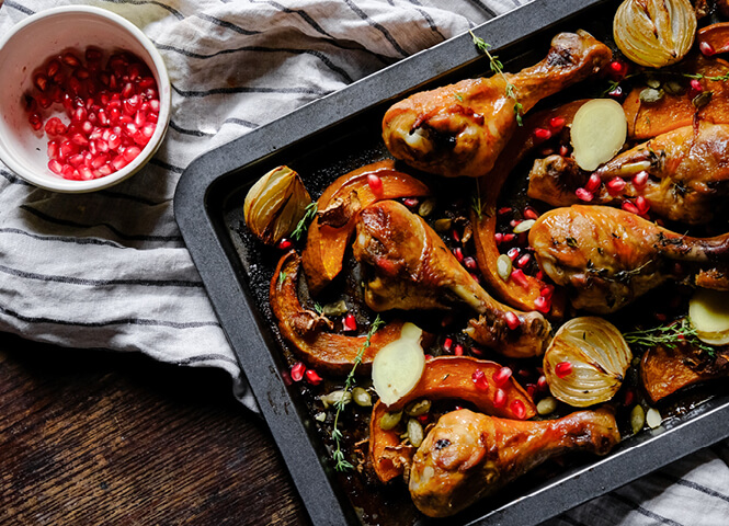 Roast chicken with squash and pomegranate